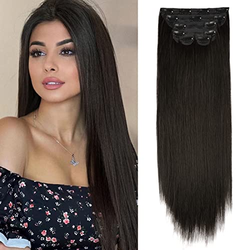 WECAN 22 Inch Clip-In Hairpieces - Brown Black, 6PCS Synthetic Fiber