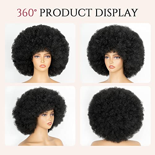 Aminow 70's Afro Wig for Women - Natural Black Short Kinky Curly with Bangs