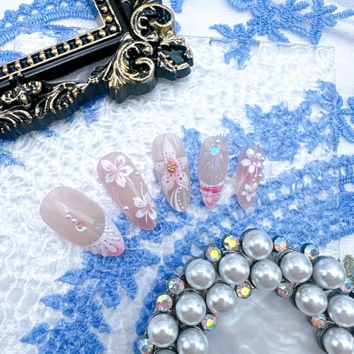 24 Pcs Pink Flower Press-On Nails with Pearl Rhinestones