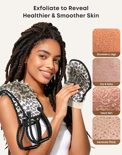 Eaxun Leopard Back Scrubber and Mitt Set - Medium, Long Reach Shower Exfoliating Bath Tool