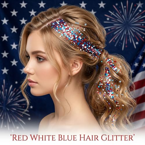Patriotic Body Glitter Stick with Star,4th of July Outfits and Accessories,250th Anniversary Sparkling Face Hair Glitter Makeup for Women,Fourth of July Red White Blue Waterproof Hair Glitter