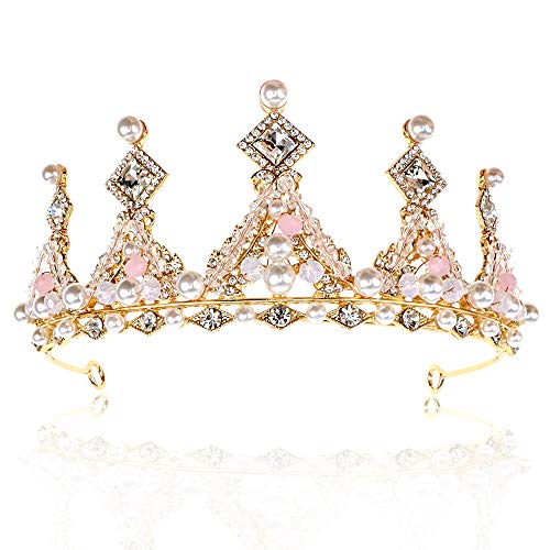 Gold Tiara with Pink Rhinestones - Birthday Crown for Women, Party &