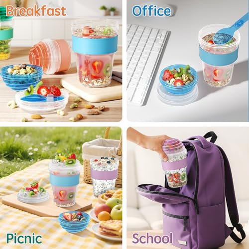 Lazyshine 4 Pack Reusable Yogurt Parfait Cups with Lids - 20 oz Plastic Containers for Overnight Oats & Snacks
