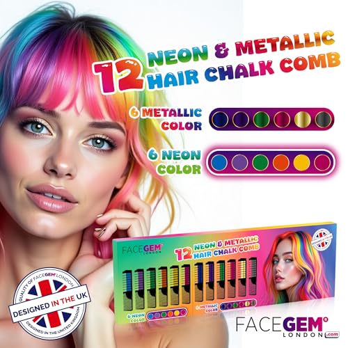 FACEGEM LONDON 12-Color Neon & Metallic Hair Chalk Set - Non-Toxic & Washable
