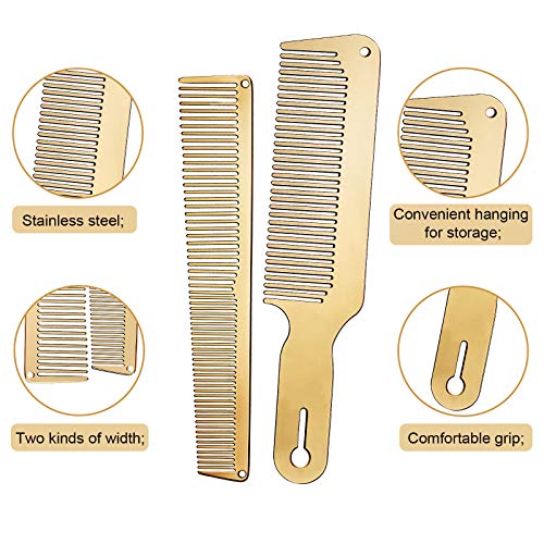 Patelai Stainless Steel Rat Tail & Flat Top Barber Comb Set - 2 Pcs Gold