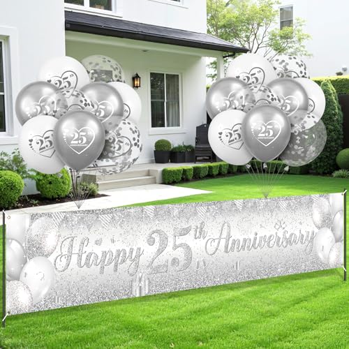 Silver 25th Anniversary Decorations Kit with Banner & Balloons