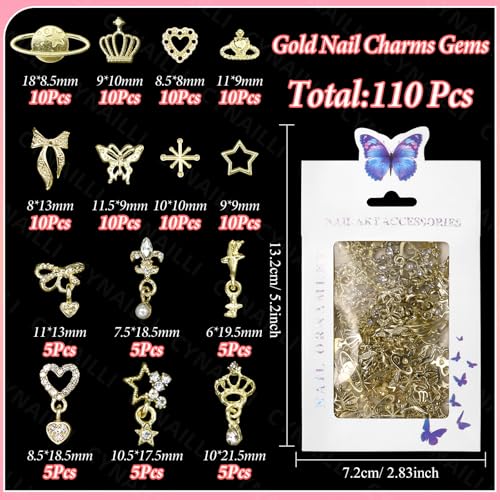 Cynailli 110 Pcs Gold Nail Charms & Gems Set - S1 Color Dangle Star Heart Bow Jewelry Accessories