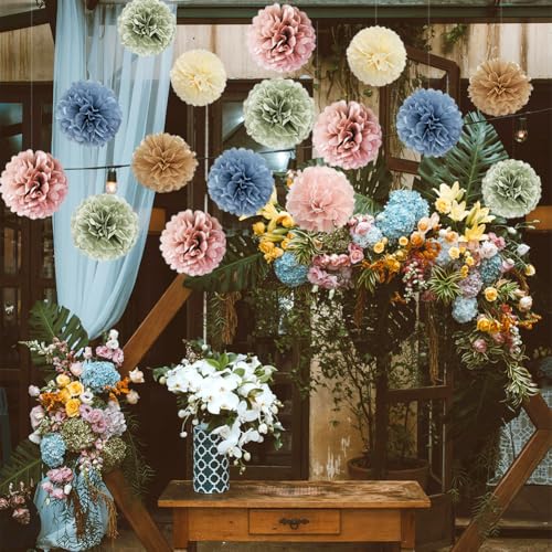 16pcs Retro Boho Tissue Paper Pom Poms - Dusty Rose, Blue, Sage Green