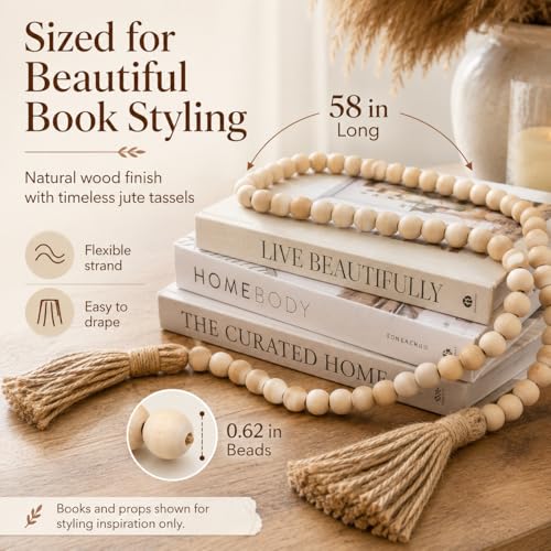 58-Inch Farmhouse Wood Bead Garland with Jute Tassels