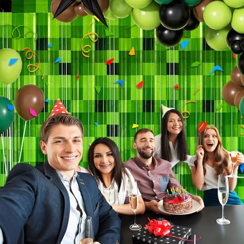 Green Pixel Foil Fringe Curtains - 2 Pack Video Game Party Backdrop