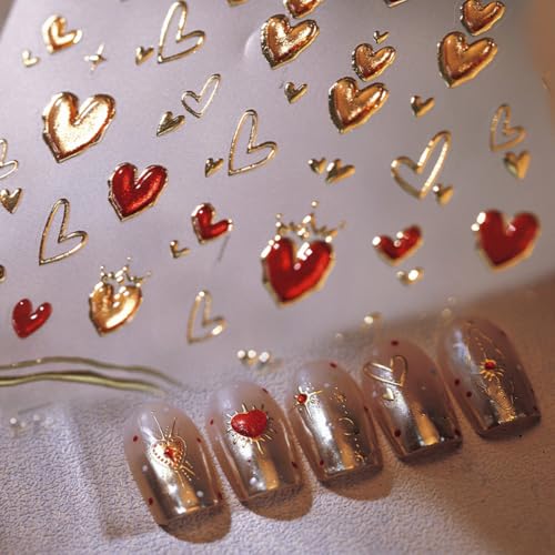 WBRRFJJ Valentine's Day 5D Heart Nail Art Stickers - Gold Pink & Moon Designs, Self-Adhesive DIY Nail Decals - Listing Variation 1