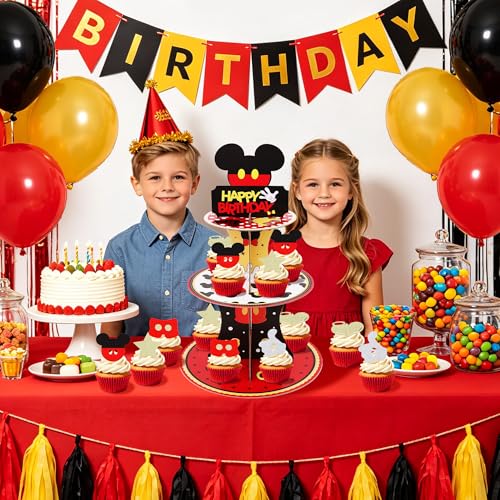 3-Tier Black and Red Cupcake Stand with 10 Cartoon Toppers