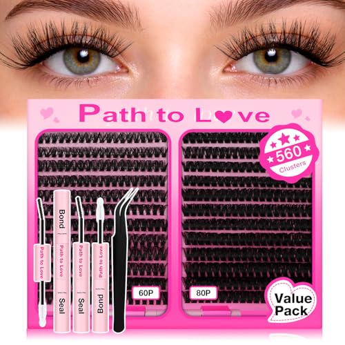 Path to Love 560pcs Lash Clusters Kit - DIY Eyelash Extensions with Bond, Seal & Tweezers for Natural & Glam Looks