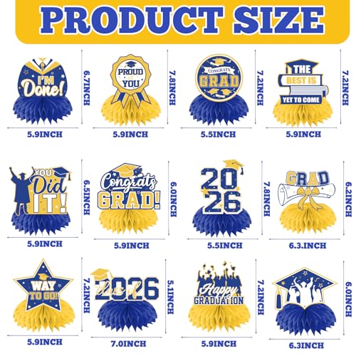 12Pcs Graduation Centerpieces - Yellow and Blue Class of 2026