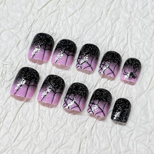 RIICFDD Halloween Short Square Spider Web Glitter Fake Nails - Halloween Nails 2