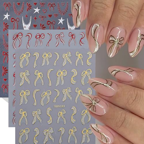 Qdsuh Valentine's Day Nail Stickers – 7 Sheets; 3D Hearts, Bows, Gold & Red Decals with Style8