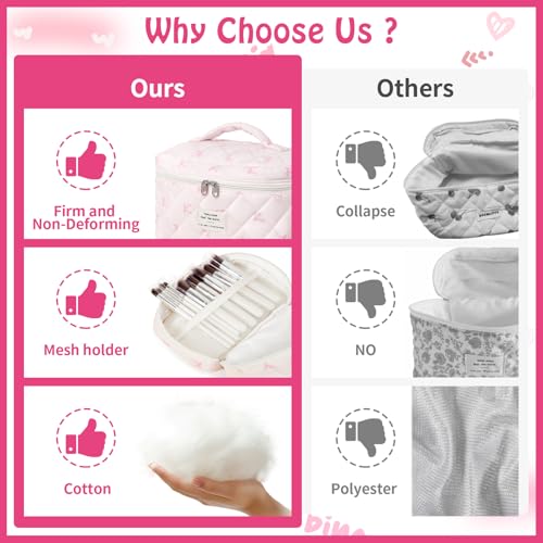 3pcs Pink Slimbow Cotton Quilted Makeup Bag Set for Travel