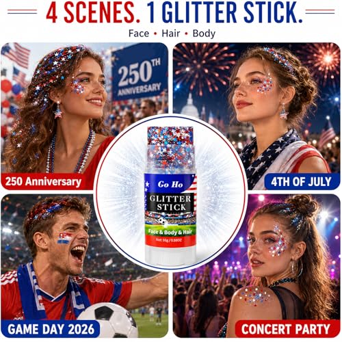 Go Ho Red White and Blue Star Face Glitter Stick,Waterproof Body&Hair Glitter,4th of July Accessories,Patriotic USA Flag Sparkle Stick for World Cup Soccer Game Independence Day 250 Anniversary Makeup