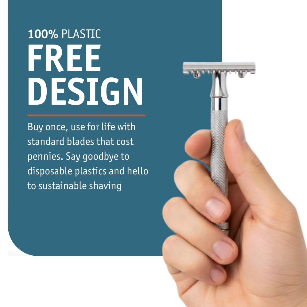 MERKUR 25C Double Edge Safety Razor in Bright Chrome with an Open Comb Design, Long Handle, Made in Germany, Plastic-Free, Three-Piece Design, and Straight Bar