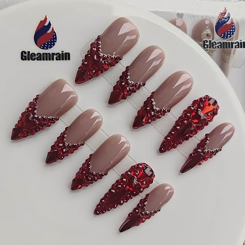 Gleamrain Handmade Stiletto Press on Nails - Burgundy French Tip & Rhinestones