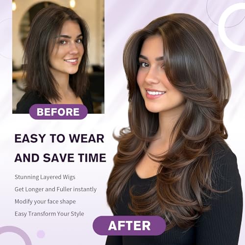 22 Inch Long Black Layered Wig with Curtain Bangs for Women