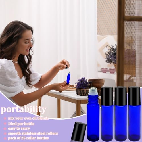 25 Pcs Blue Essential Oil Roller Bottles 10ml Glass with Funnels