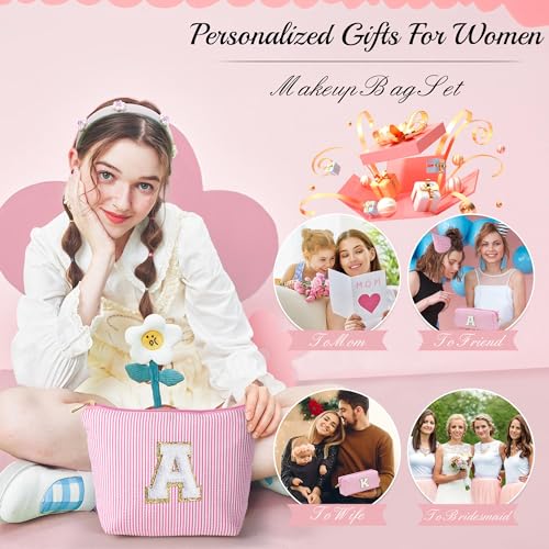 YOOLIFE Birthday Gifts for Women Girls Mom Daughter Birthday Gifts for Kids Teen Girls | Initial Makeup Bag | Travel Cosmetic Bag | 11 12 13 14 15 16 Years Old Girl Gift Teacher Graduation Gift Pink A