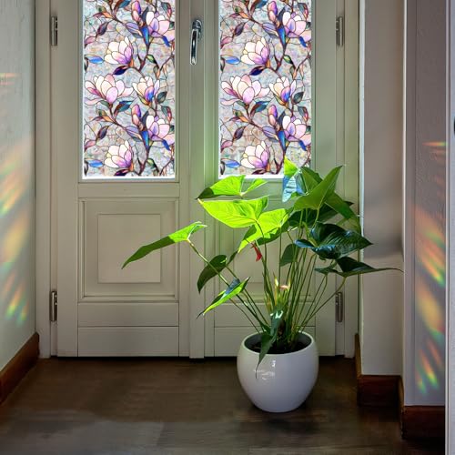 Purple Magnolia Stained Glass Window Film | Static Cling Privacy Decor