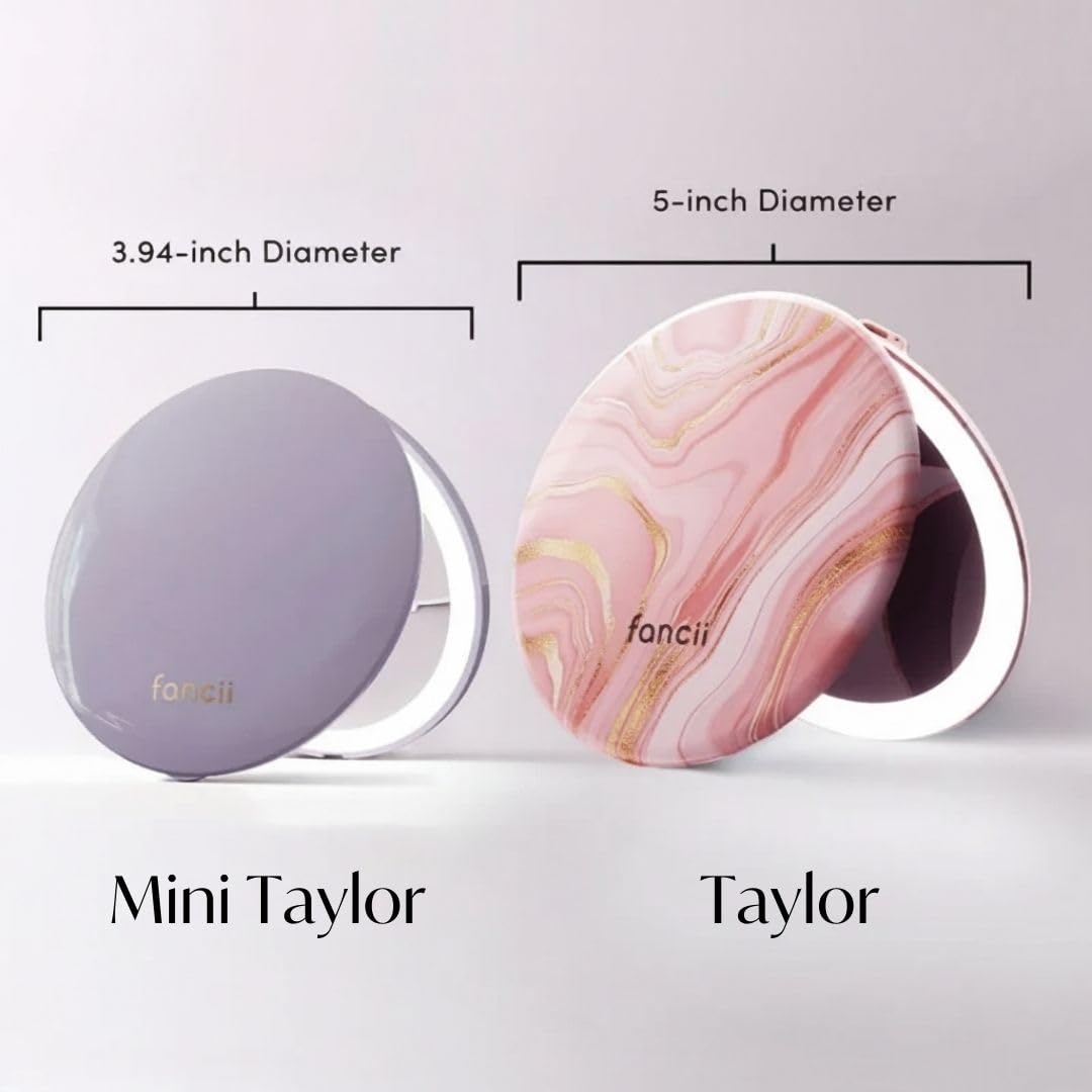 Fancii Mini Taylor Compact Magnifying Mirror with LED Light, 10x/1x, Rechargeable, 3 Light Settings, Dimmable - Small Lighted Travel Handheld Mirror for Pocket, Handbag, Purse, 2-Sided (Desert Sands)