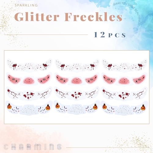 LOVLOV Halloween Glitter Freckles Face Tattoos - 12pcs Sparkle Temporary Makeup for Women & Girls