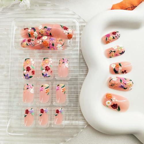 Colorful 3D Flower Press-On Nails | Square Acrylic Nails Set