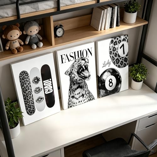 3-Piece Black and White Leopard Canvas Wall Art Set - 12x16