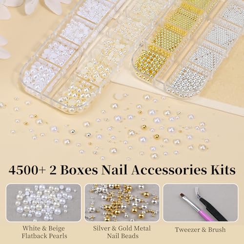 Nail Art Beads & Pearls Kit with Tweezers and Brush Tools