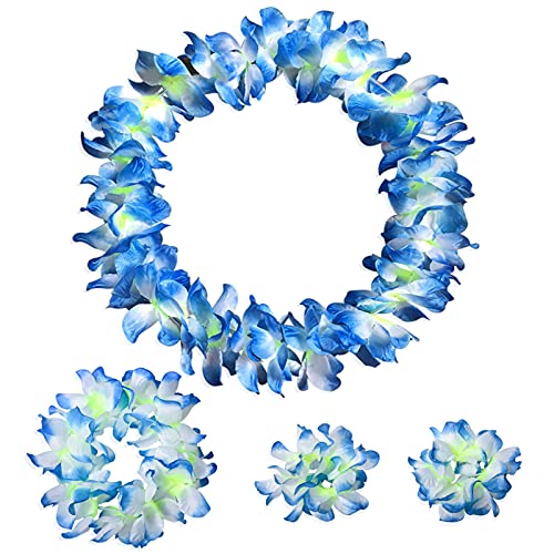 Blue Hawaiian Leis Headband & Flower Necklace Set for Beach Party & Luau