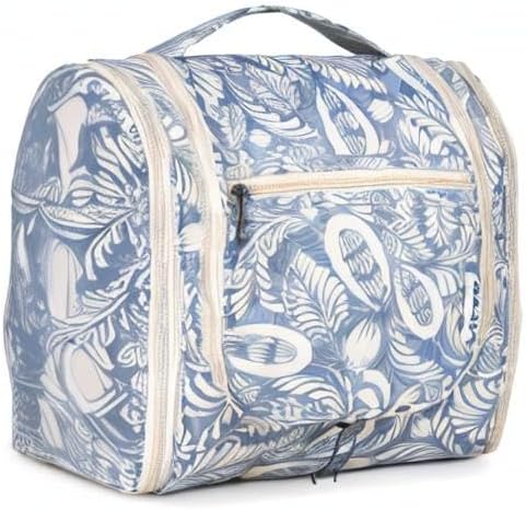 Hanging Toiletry Bag for Women | Travel Makeup Organizer - Large Blue Leaf Design