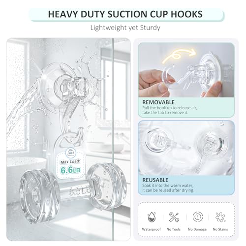 Heavy Duty Shower Suction Cup Hooks - 6 Pcs Clear, Removable & Reusable