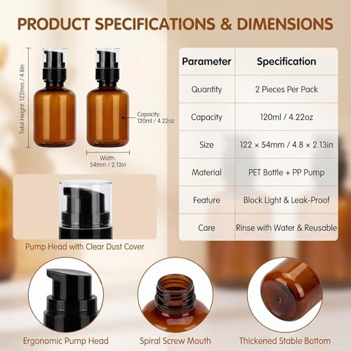ASTRQLE 120ml Amber Plastic Travel Bottles with Pump Leak-Proof Lotion Dispenser - Set of 2