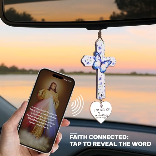 Christian Cross Car Mirror Charm with Blue Rose Butterfly