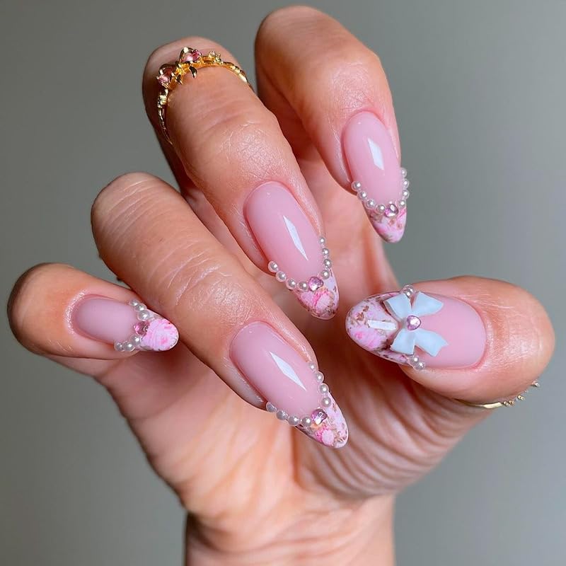 Press On Nails Almond - Medium Aurora Design Full Cover Fake Nails | 24 Pcs White Stick-On for Women
