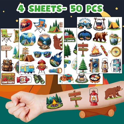 Camping Themed 50-Pack Temporary Tattoos for Kids Party Favors