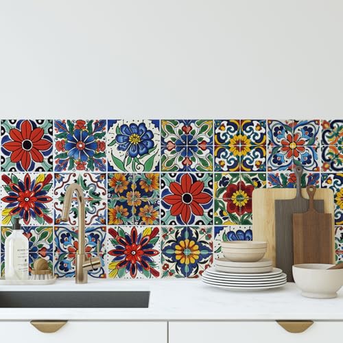 30 Pcs Waterproof Peel and Stick Wall Tile Decals - Spanish Floral 4x4 Inch