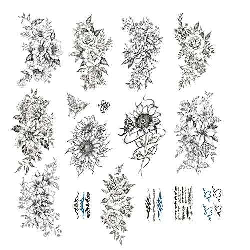 Ceresa Black Flower Temporary Tattoos - 14 Sheets for Arms, Legs, Body (Variation: Black Flower)