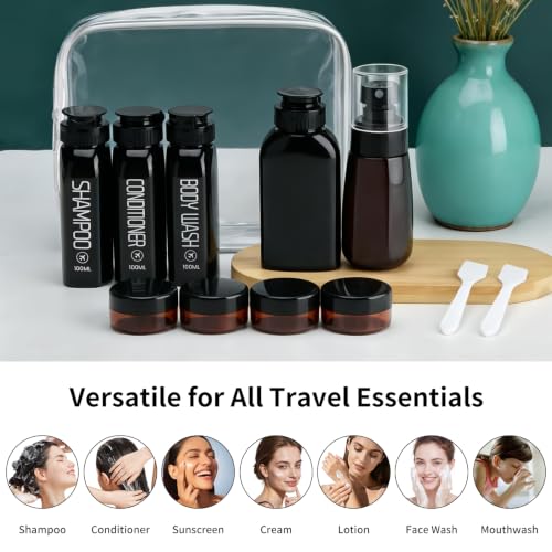 Cosywell 3.4oz Black Travel Bottles Set with Labels & Leakproof Spray & Jars - TSA Approved