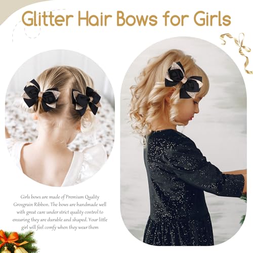 Black Glitter Hair Bow Clips for Girls Kids - 2 Pack 4 Inch Sparkly Hair Accessories