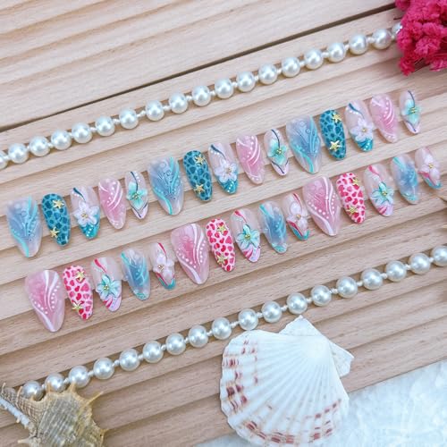 30pcs Almond Press On Nails with 3D Floral Design - DIY Manicure