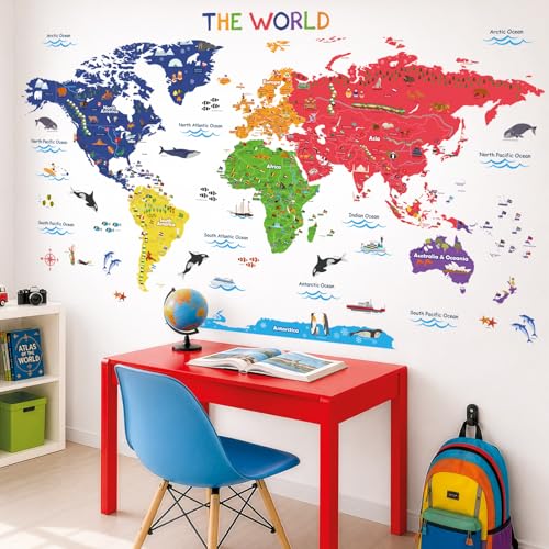 DECOWALL Colorful World Map Wall Stickers for Kids - Educational Peel and Stick Decals
