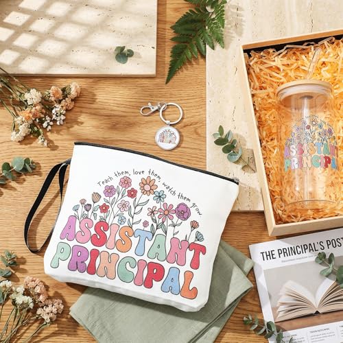 Assistant Principal Appreciation Gift Set - 17 oz Glass Cup, Makeup Bag & Keychain for School Leaders