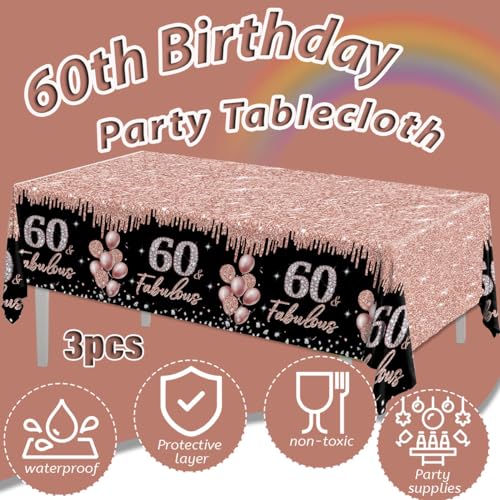 60th Birthday Tablecloth Set - 3 Rose Gold & Black Covers