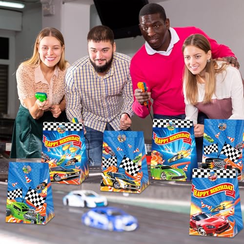 24 Race Car Party Favor Bags with Stickers - Blue Racing Theme