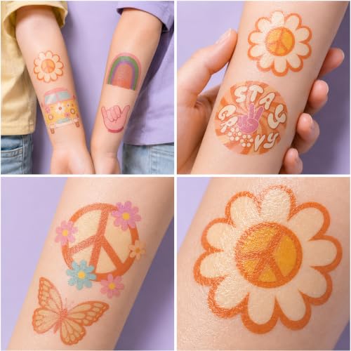 60 Pre-Cut Retro Temporary Tattoos for Kids - Groovy Hippie Theme